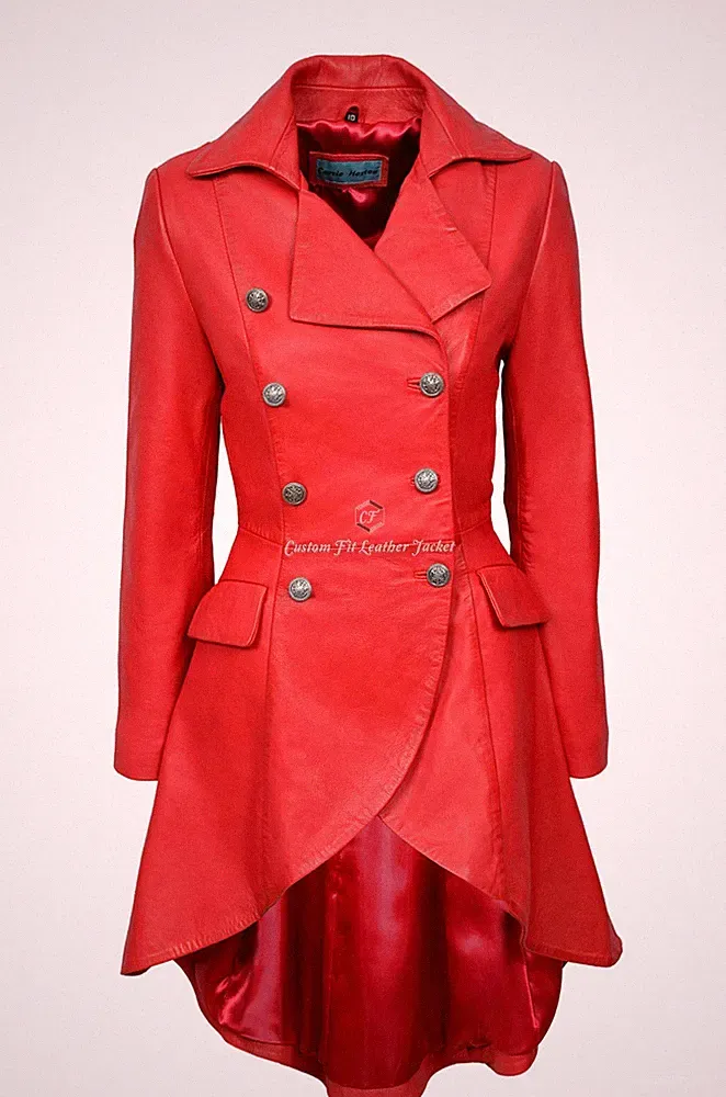 EDWARDIANISCHER Damen Echt Leder Mantel Rot Napa Gothic Style 3491