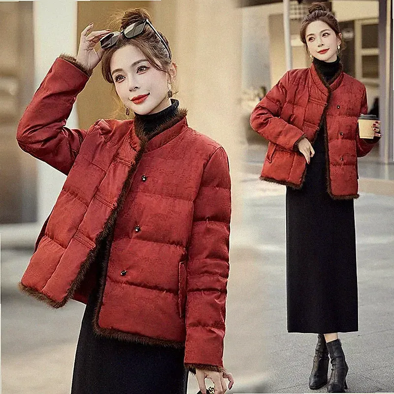 Eleganter Damen Daunenmantel Kurzer Schnitt Kunstfell Rot CF60639