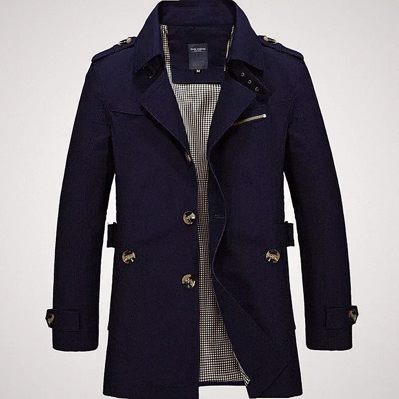 Eleganter Herren Trenchcoat Wasserdicht Mit Gürtel Doppebrei Blau 1041