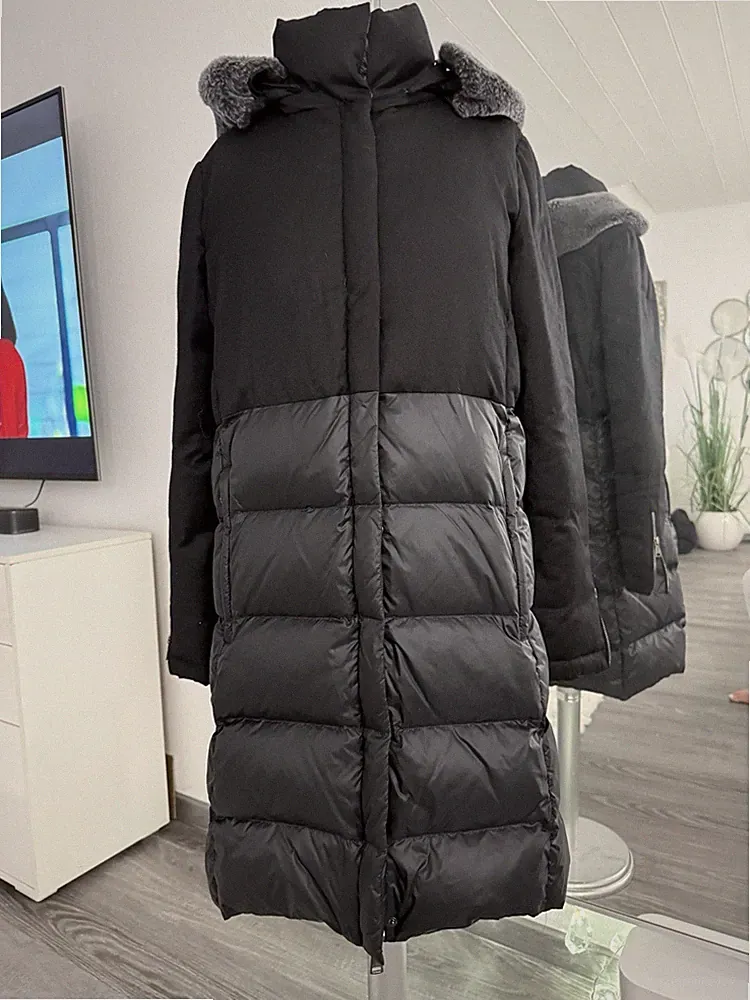 Eleganter Windsor Steppmantel Daunen lang schwarz Fellkapuze 36 TOP Zustand”