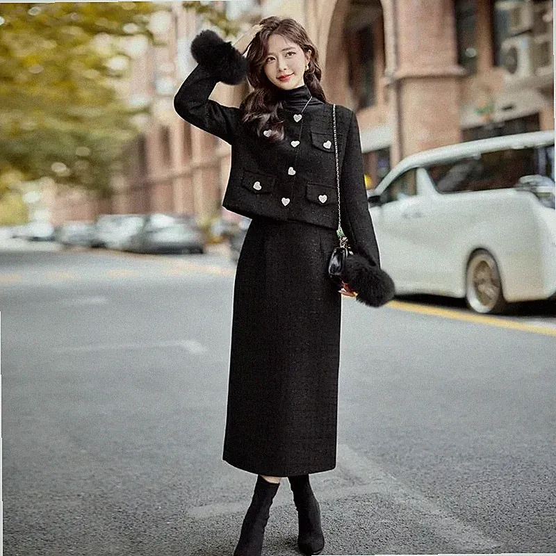 Elegantes Set Daunenjacke Pelz Winterrock Chic Schwarz Damen CF61164