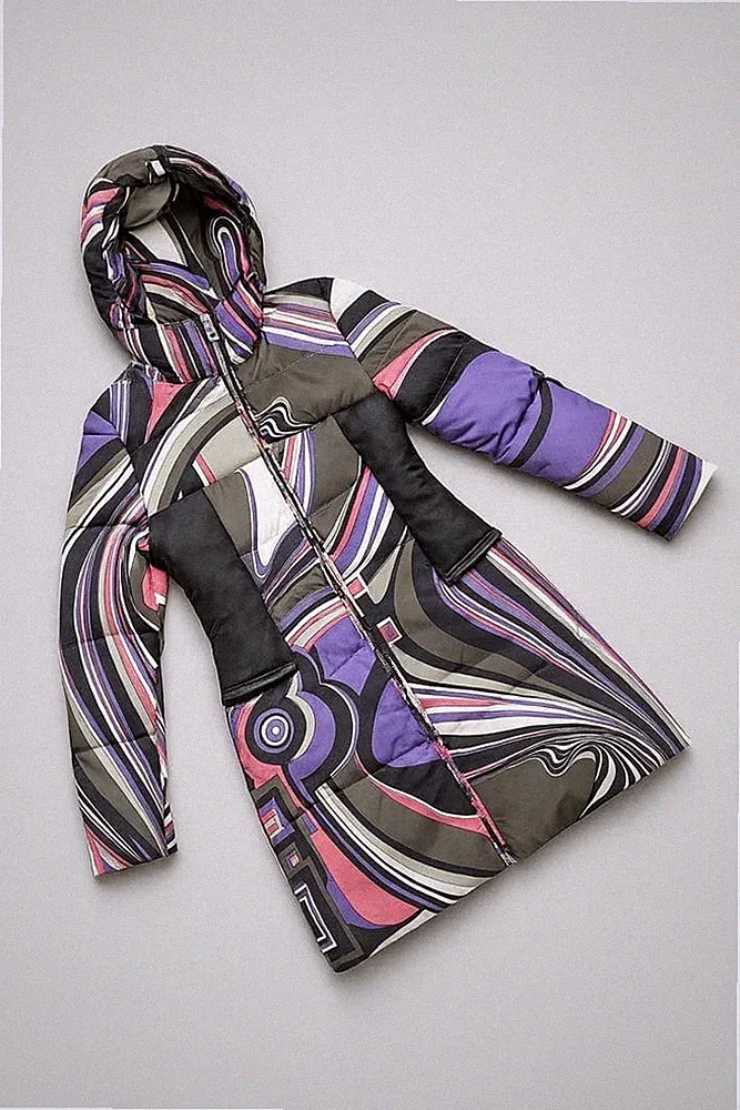 Emilio Pucci, Daunenmantel, Mehrfarbig, Schwarz, Lila, Geometrisches...