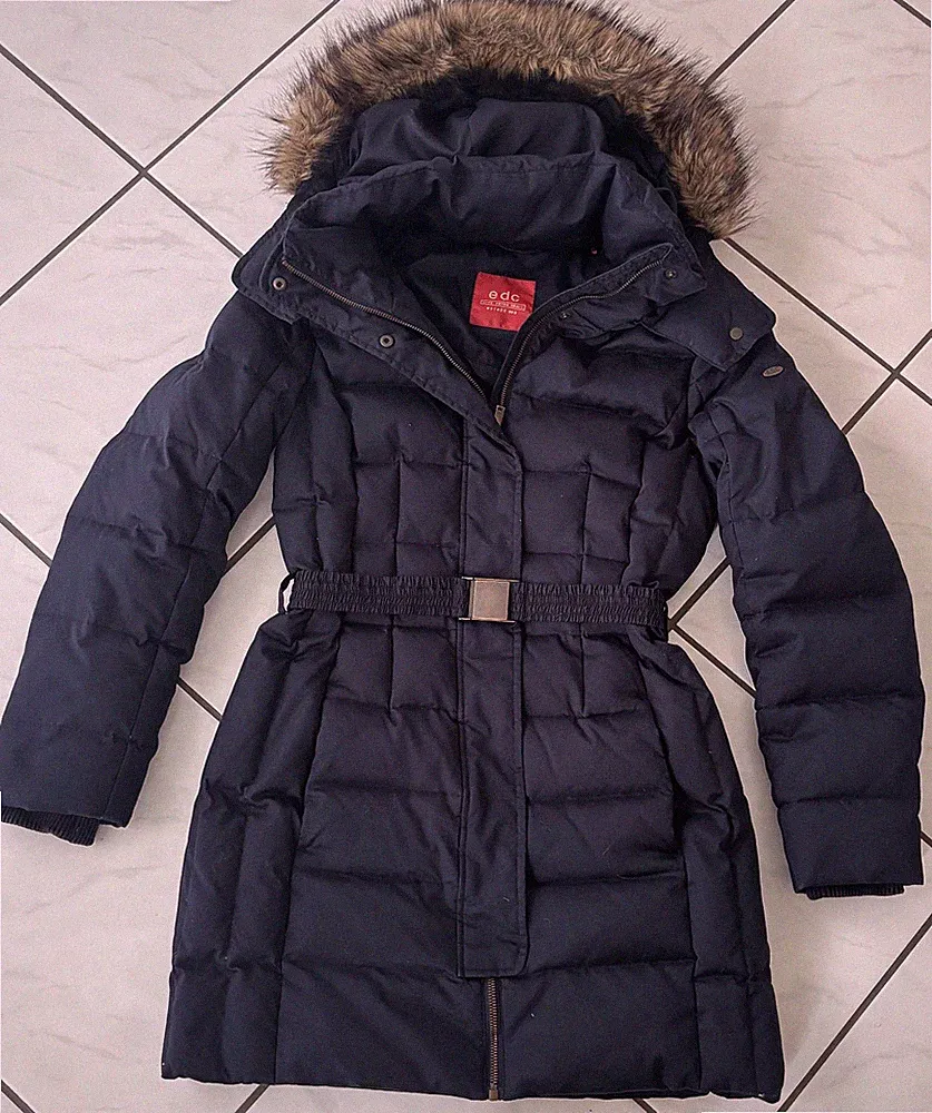 Esprit edc Echter Daunenmantel blau Gr. XS Fellkapuze Fake Fur