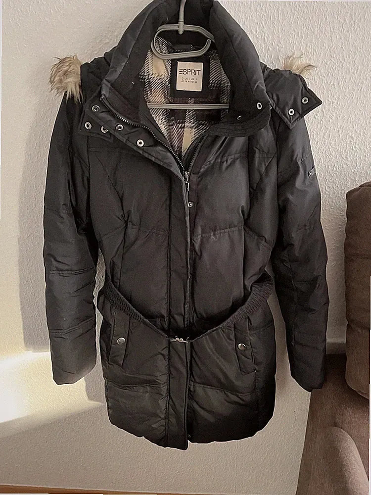 Esprit Wintermantel lang Schwarz Gr. 40 Kapuze Fellbesatz kariert