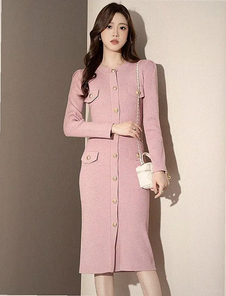 Etuikleid Kleid Frau Elegant Lange Ärmel Rosa Puder IN Jersey 21789