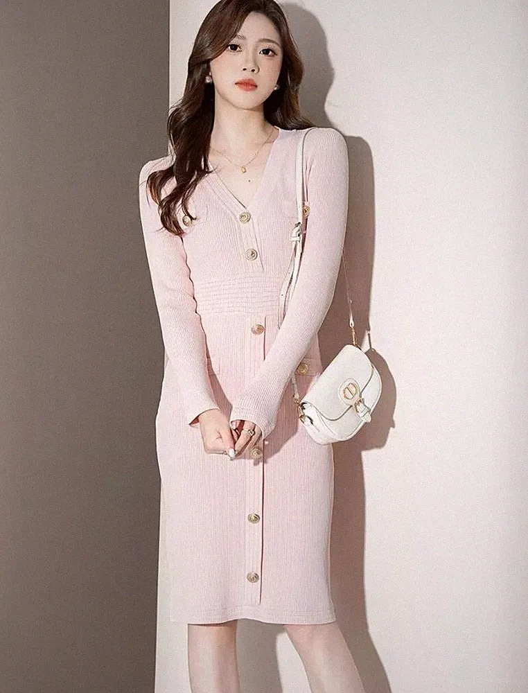 Etuikleid Kleid Frau Elegant Lange Ärmel Rosa Puder IN Jersey 21793
