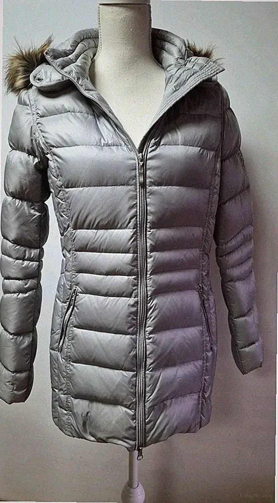 Frieda & Freddies Damen Daunenmantel Jacke Gr. 38 Mantel Grau Kapuze fake fur