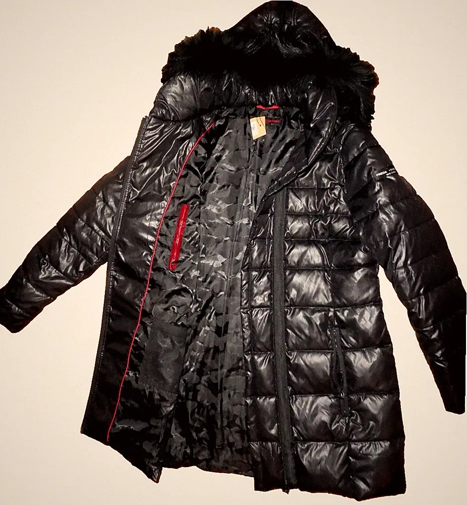 Frieda &Freddies Daunen Steppmantel Jacke schwarz Kapuze m. Pelz Gr. 44/42 NEU!