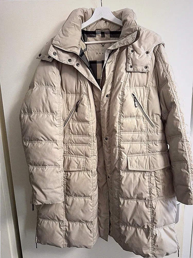 Fuchs Schmitt Damen Daunenmantel L halblang Baumwolle beige Karo Reißverschluss