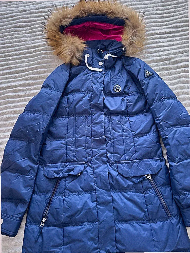 Gaastra Damen Daunen Parka/Mantel S blau, Kapuze Fellbesatz, lang, RV