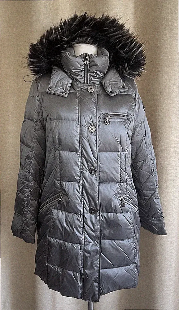 GIL BRET Winter Daunen Mantel Jacke grau mit Kapuze Pelzbesatz Größe 46/48