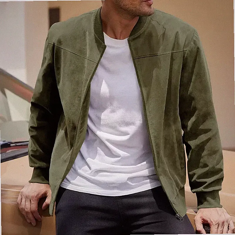 Herren Bomberjacke Militärgrün Mit Wildleder-Effekt Casual Street Zip