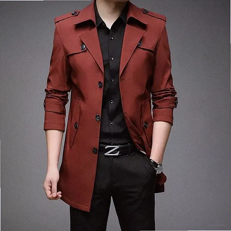 Herren Bordeaux Trenchcoat Slim Fit Elegante Casual Moderne Jacke Mit Knöpfen
