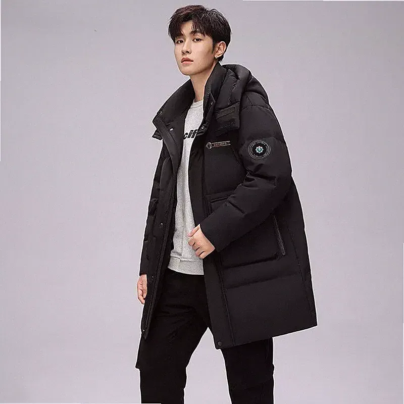Herren Daunenmantel Schwarz Gepolstert Winter Lang Thermische Kapuze CF54038