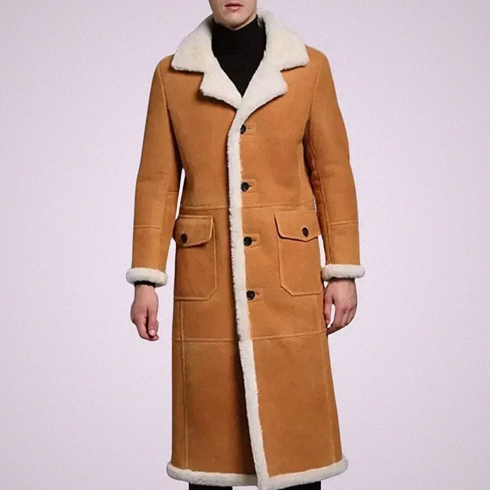 Herren Echtleder Lammfell Lammfell Long Mantel Camel Hellbraun Winter Trenchcoat