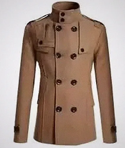 Herren Kurz Mantel Slim Doppelreiher Beige Revers Mit Taschen 73643