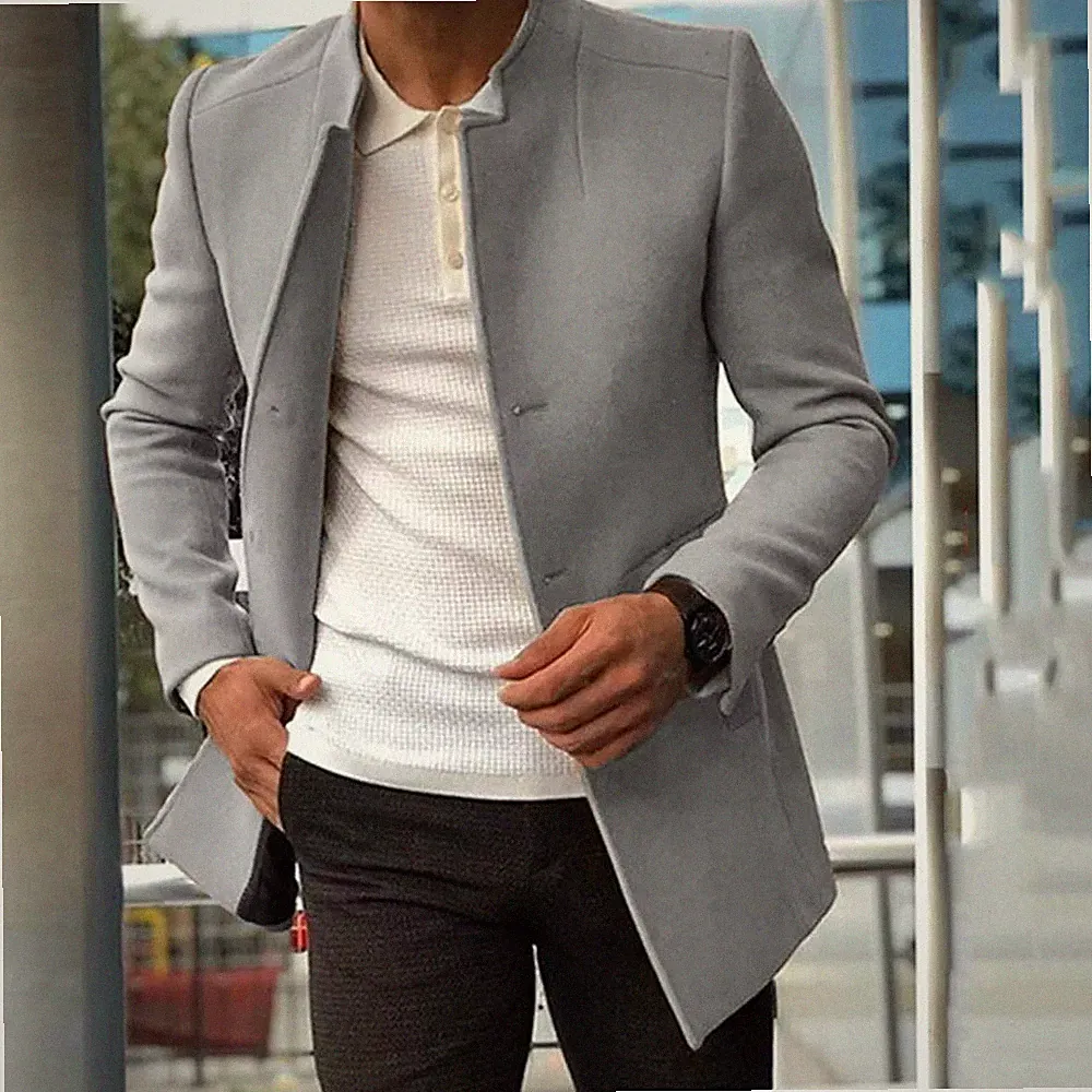 Herren Kurzmantel Elegant Slim Fit Perlgrau Design Mit Knöpfen Modern 55682