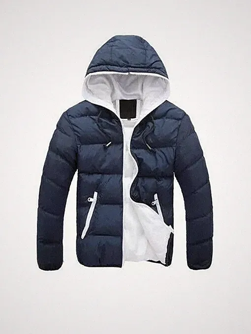 Herren Winterjacke Blauer Slim Fit Synthetischer Daunenmantel Mit Kapuze 7847
