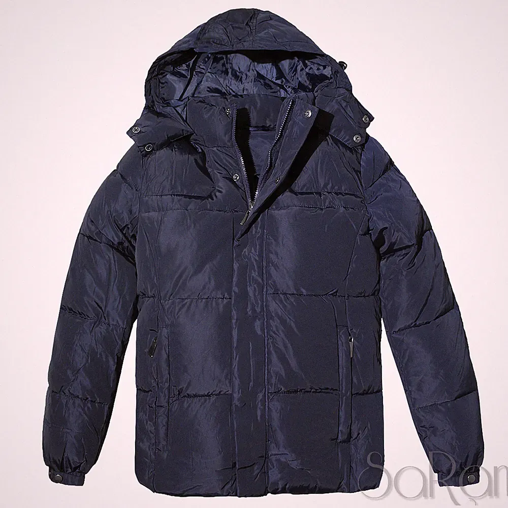 Herrenjacke Eleganter Blauer Winter Daunenparka Mit Kapuze
