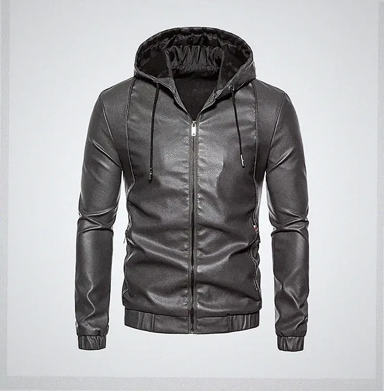 Herrenjacke Graues Lederimitat Mit Kapuze Modern Und Vielseitig CF52706