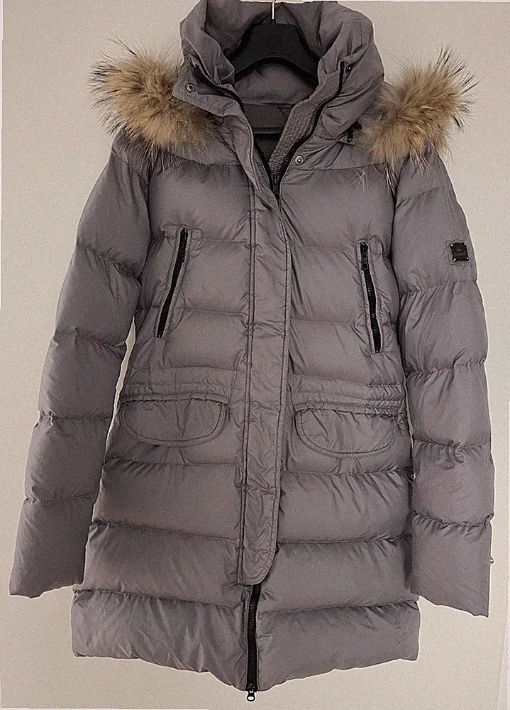 HETREGO Echtpelz Daunenmantel Jacke Grau Gr. 44=38 Top Zustand!