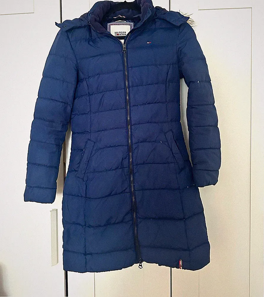 Hilfiger Denim Damen Steppmantel Daunenjacke Blau Kapuze Fellbesatz Gr. S