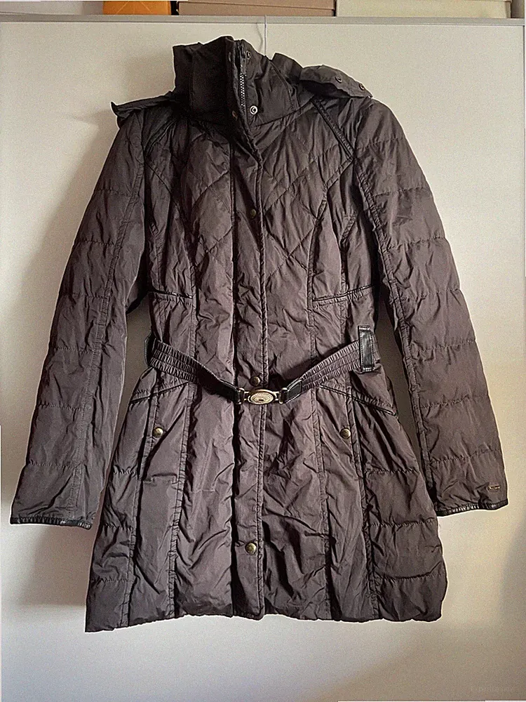 Hugo Boss Mantel Jacke Gr. 36 Daune Feder Braun Schwarz AzA 50 L 85 Top Zustand