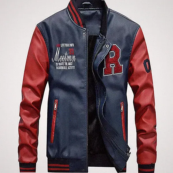Jacke Bomberjacke Herren Blau Rot aus Leder Kunst Stil College Baseball DF09928