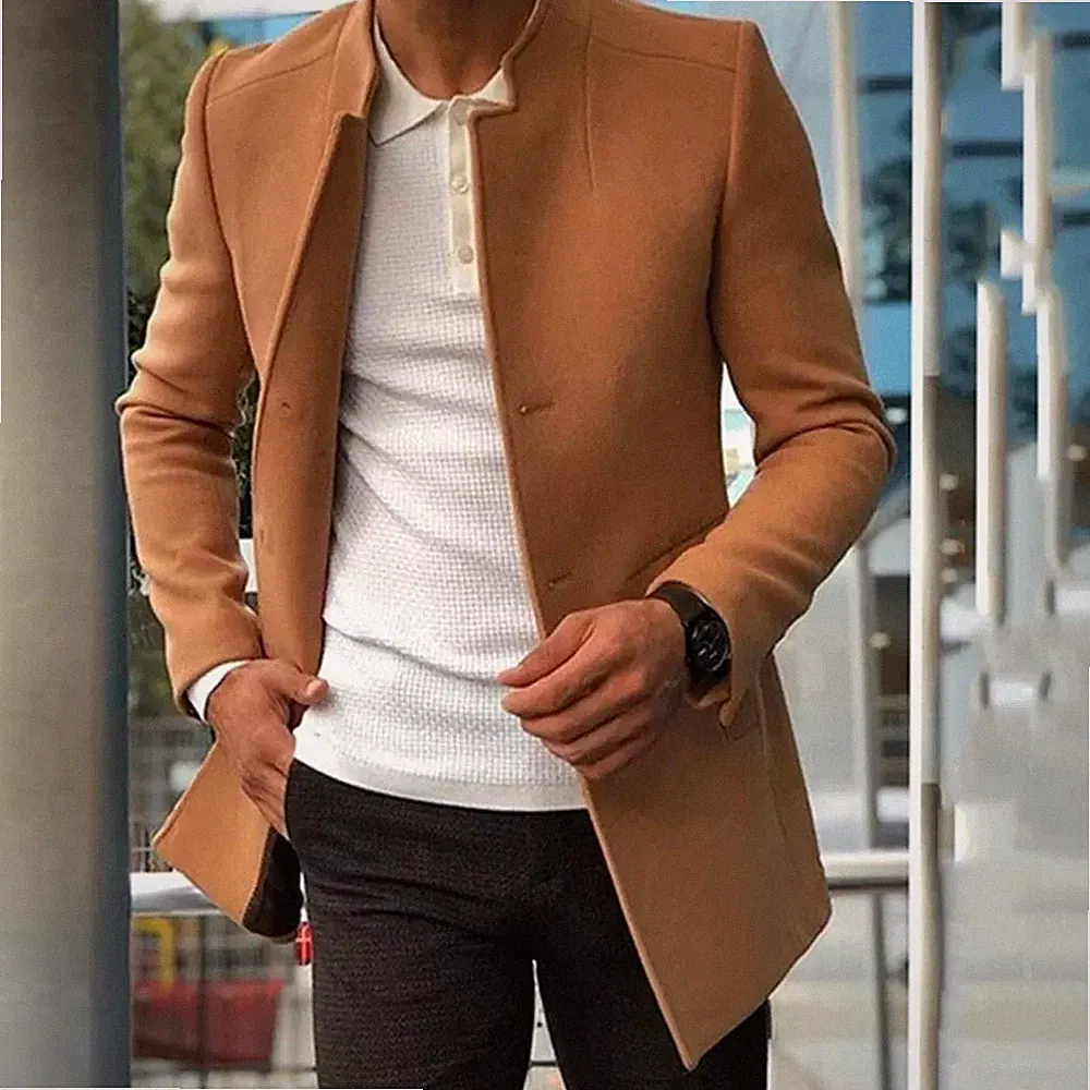 Jacke Mantel Kurz Herren Beige Khaki Elegant Schlank mit Knöpfen Frontal 55682