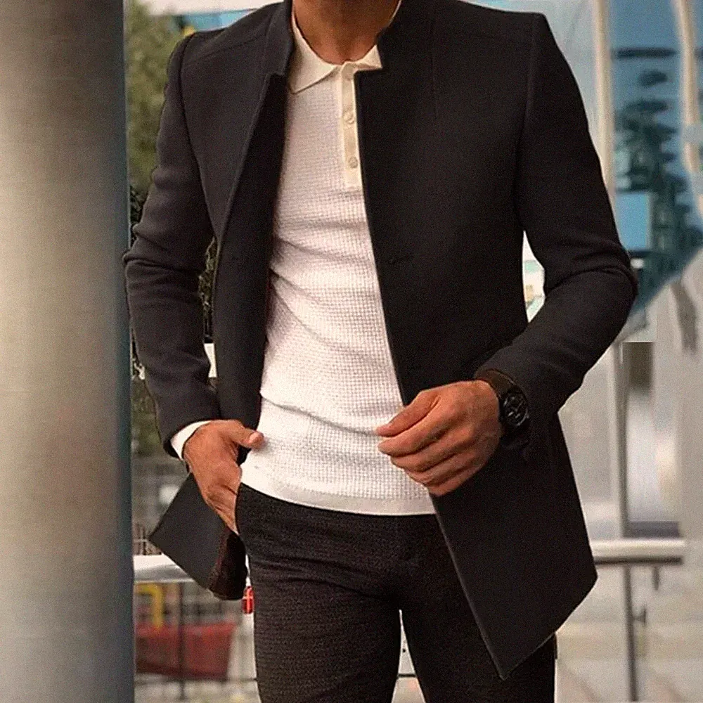 Jacke Mantel Kurz Schwarz Herren Slim Line Elegant Mit Schließen A Buttons 55682