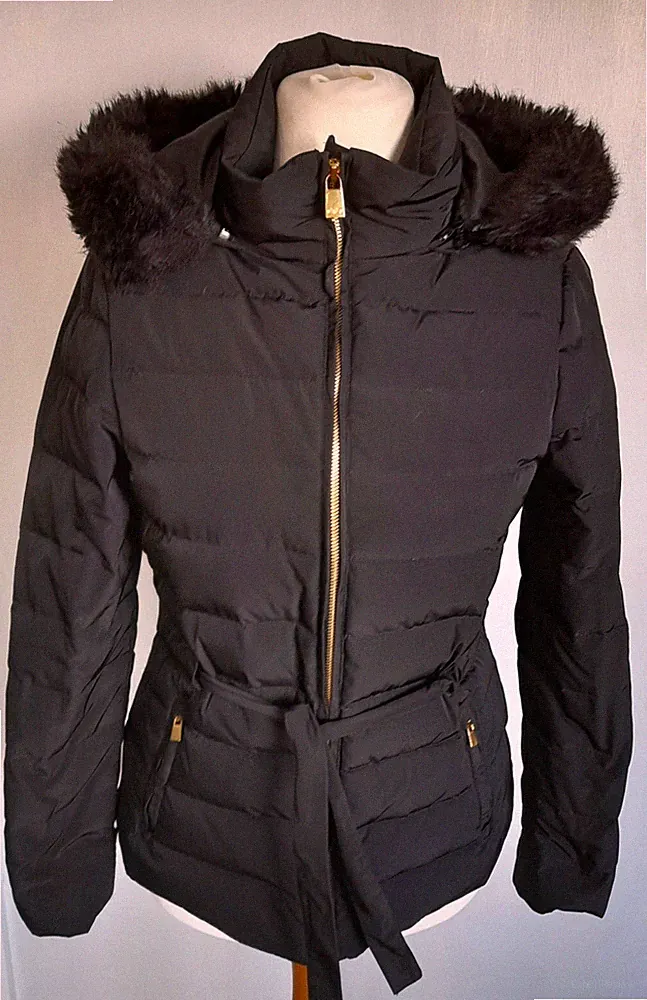 JAEGER - Daunen & Federn Jacke Mantel abnehmbarer Fellbesatz Kapuze Gürtel schwarz Gr. 8/10