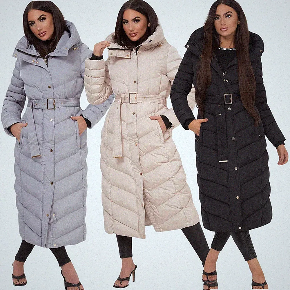 JESS Damen langer gefütterter Daunenmantel mit Gürtel schwarz gold Winter wasserabweisend 8-16