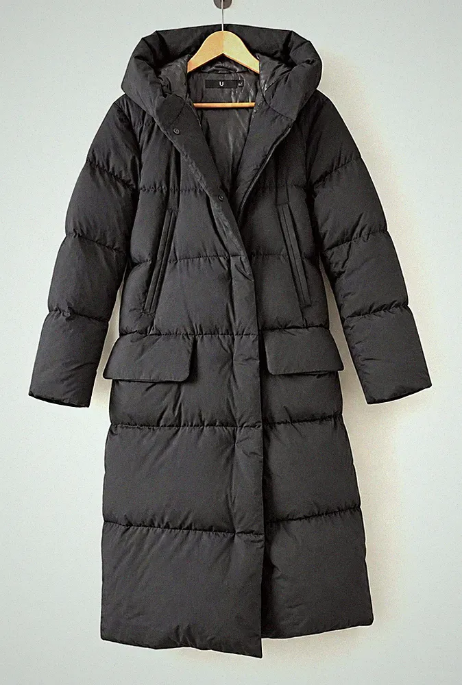 Jil Sander × UNIQLO Damen Daunenmantel lang 90% Daune Schwarz mit Kapuze XL 42