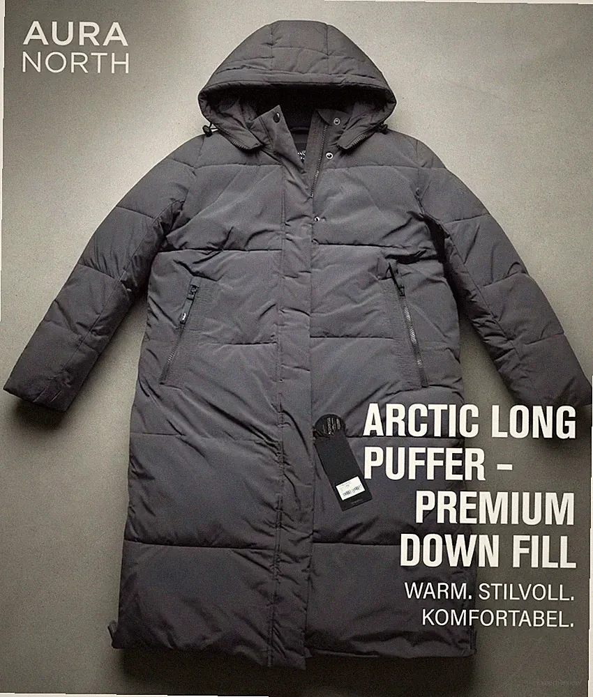 JUNGE Arctic Long Puffer Damen Daunenmantel lang grau mit Kapuze Gr. 38