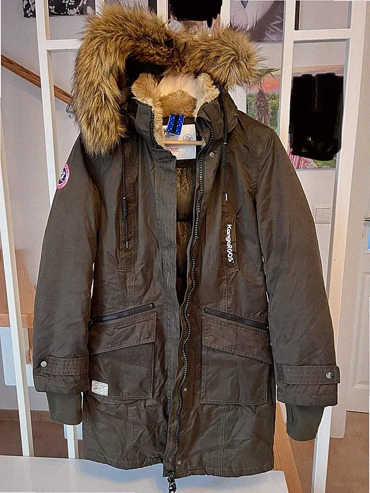 Kangaroos Daunen Parka Mantel 34 XS braun verschweißte Nähte Kapuze abnehmbar 1A