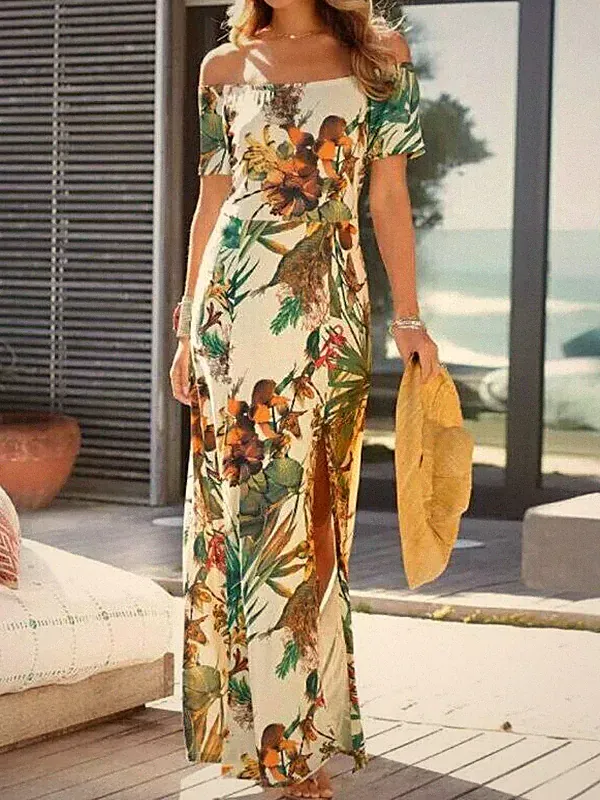 Kleid Damen Weich Lang Boho Bohemien Hippie Grün Weiß Blumen 5122