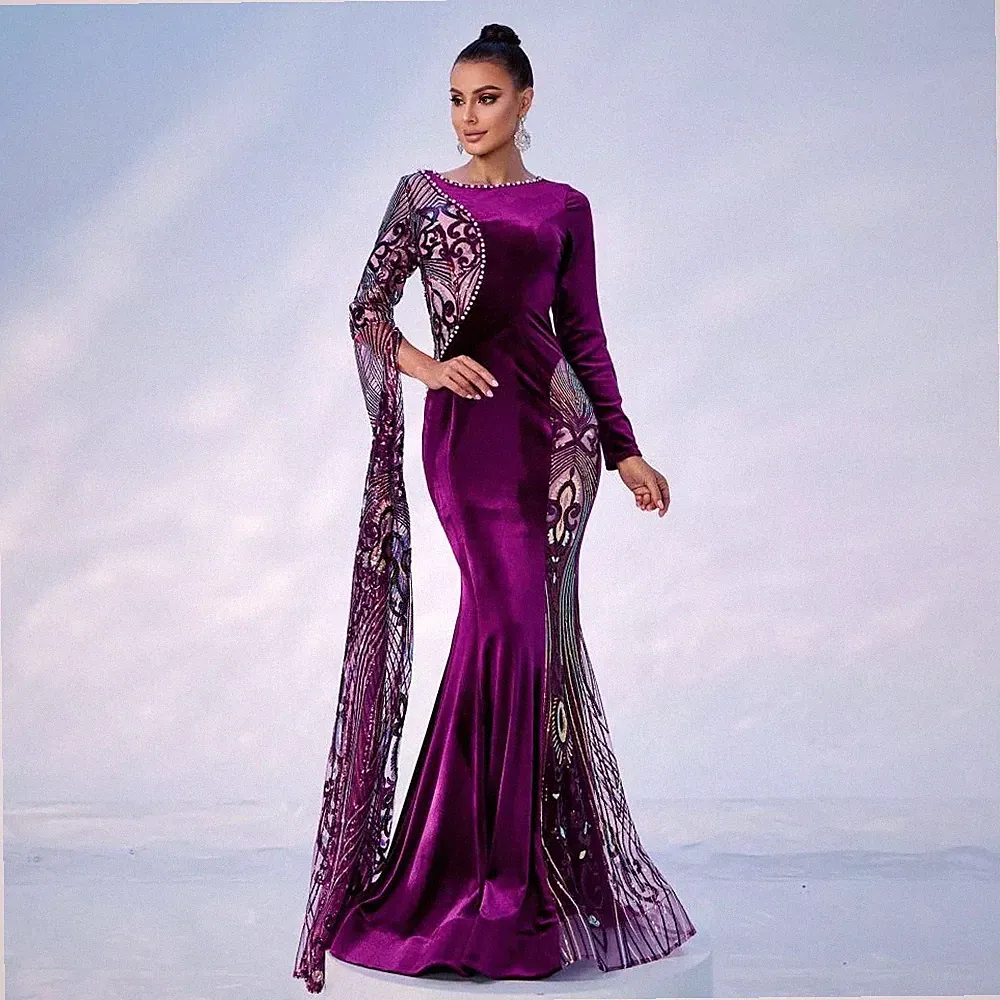 Kleid Elegant Lang Strass Violett Weich Sirene Abend Event 21883