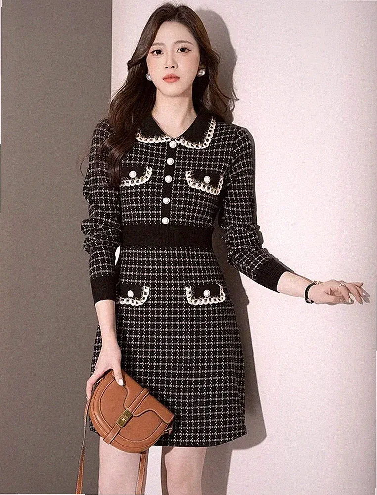 Kleid Frau Kurz Satin Weich IN Jersey Schwarz Schach 21790