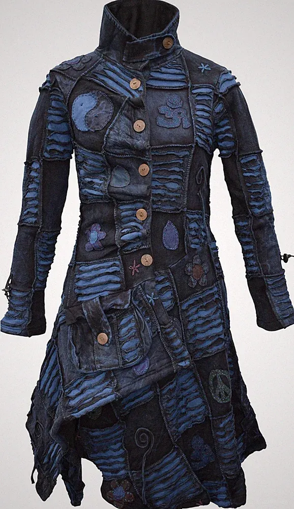 Langer Gothic Baumwolle Patchwork Fleece Linie asymmetrisch Stickerei Hippie Mantel