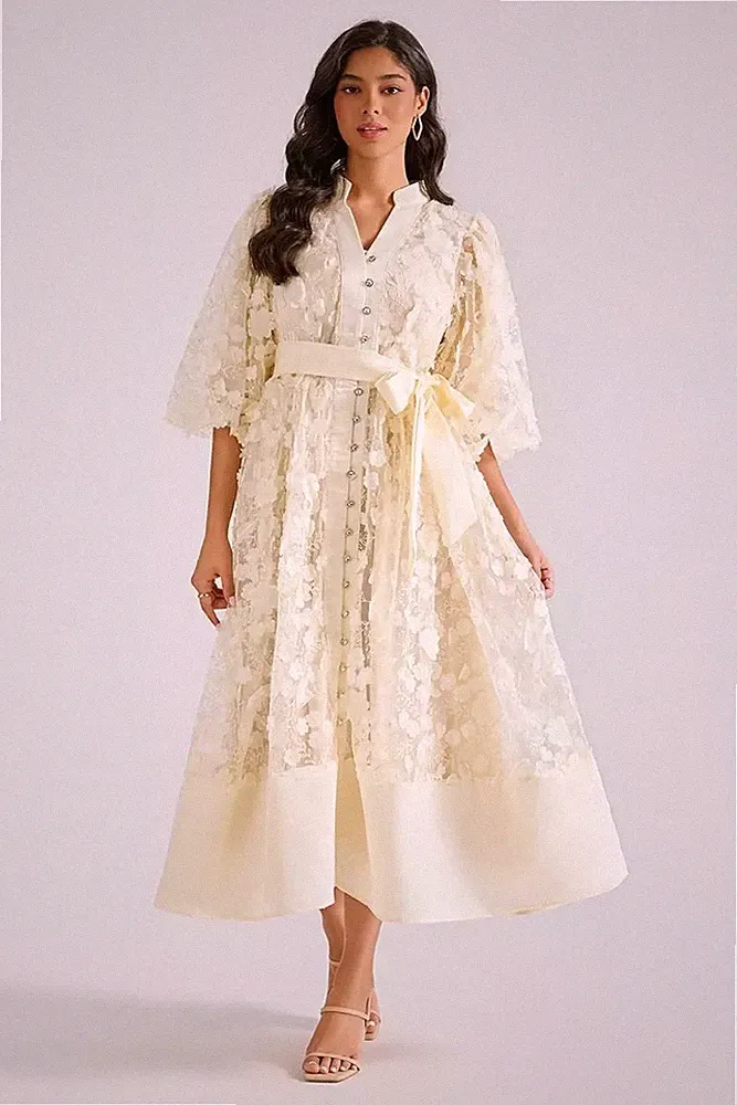 Langes Kleid Elegant Spitze Hülle Groß Und Gürtel Zeremonie Aprikose CF64873
