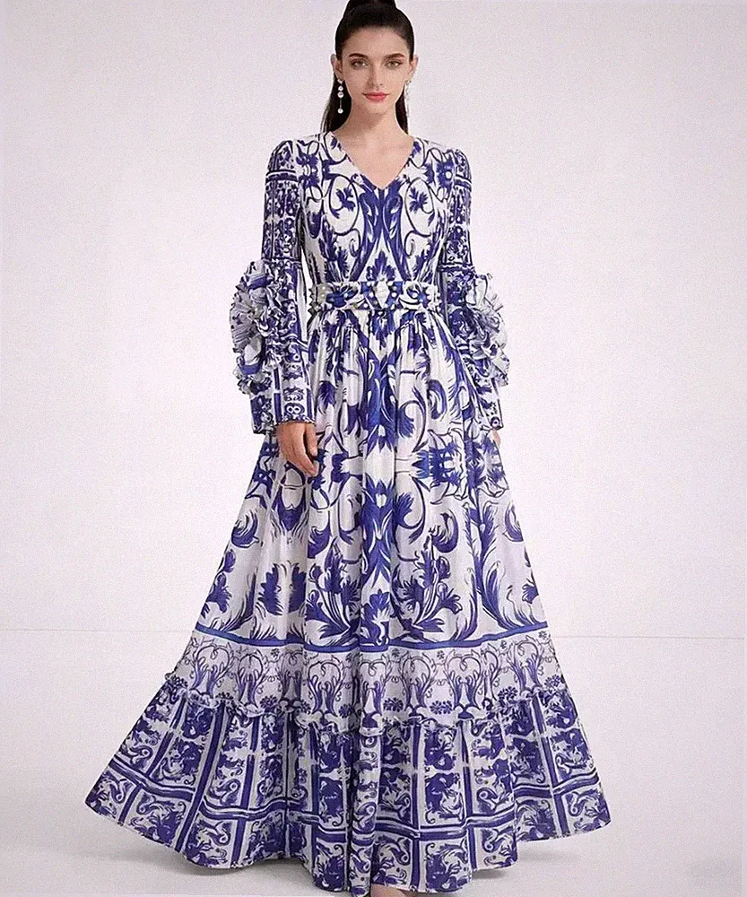 Langes Kleid Frau Boho Elegant Fantasie Blumen Blau Lange Ärmel CF65096