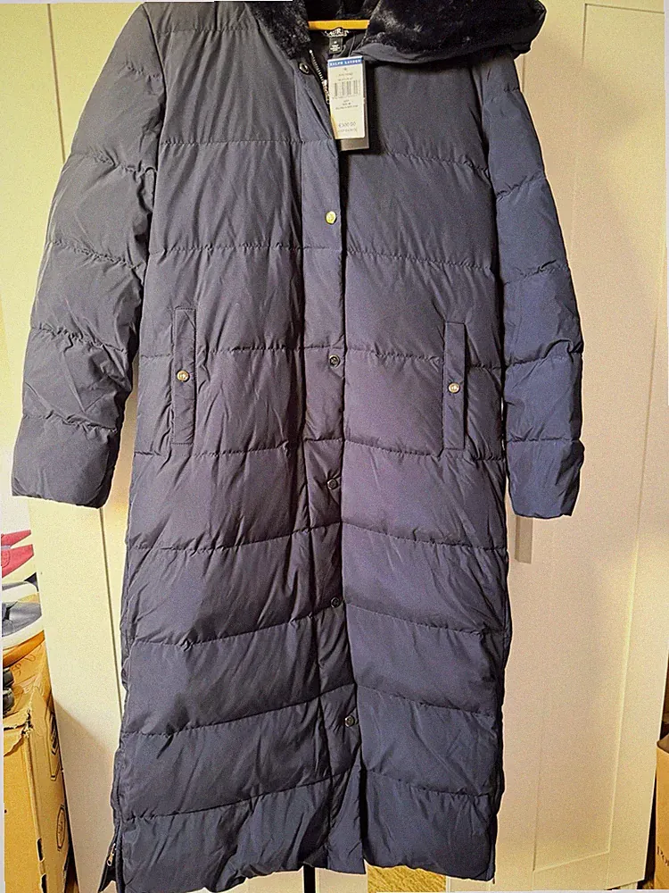 LAUREN Ralph Lauren Damen Daunenmantel lang gesteppt Kapuze Fell Blau Gr. M