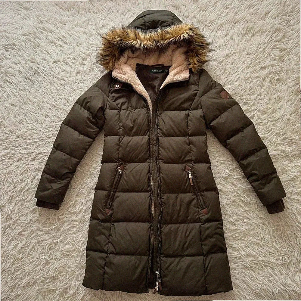 Lauren Ralph Lauren Daunenmantel XXS Khaki Fell Longjacke Damen Oberbekleidung