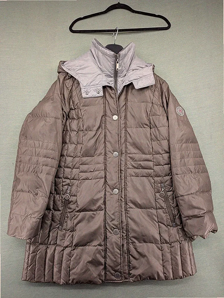 Lebek Damen Daunen Puffer Mantel Größe 42 Braun Kapuze Stepp Full Zip Jacke