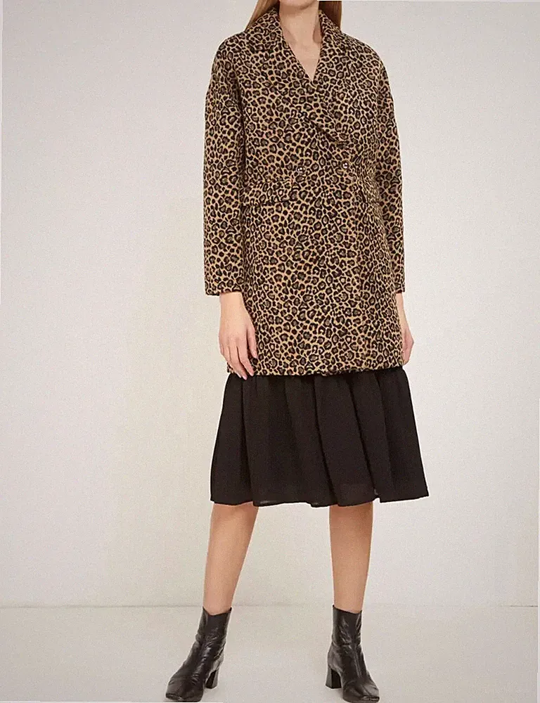 Liu Jo Damen Wollmantel mit Animal-Print Braun/Schwarz Gr. 40 Neu