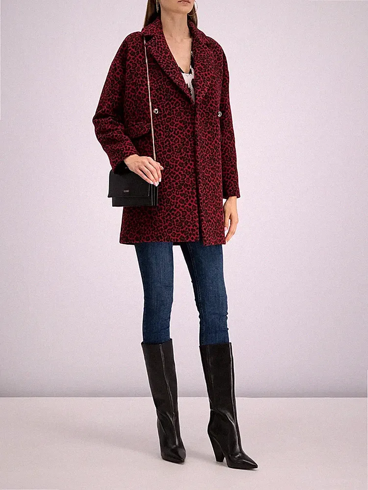 Liu Jo Damen Wollmantel mit Animal-Print Rot/Schwarz Gr.40 Neu