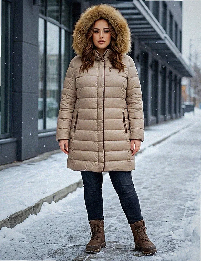 mabrun Damen Daunenjacke lang Beige Kapuze Fellbesatz RV IT52