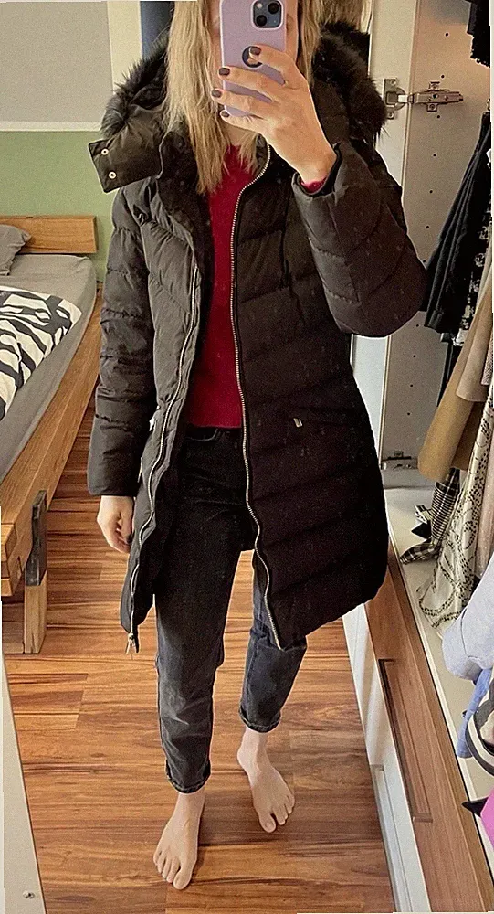 MANGO Stepp Daunen Parka Mantel 34 XS schwarz gold Kapuze abnehmbar Federn 1A