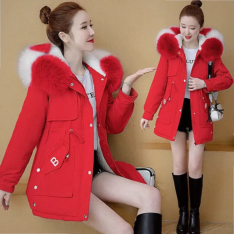 Mantel Daunenjacke Elegante Frau Parka Rot Abzugshaube Komfortabel Heiß 1215