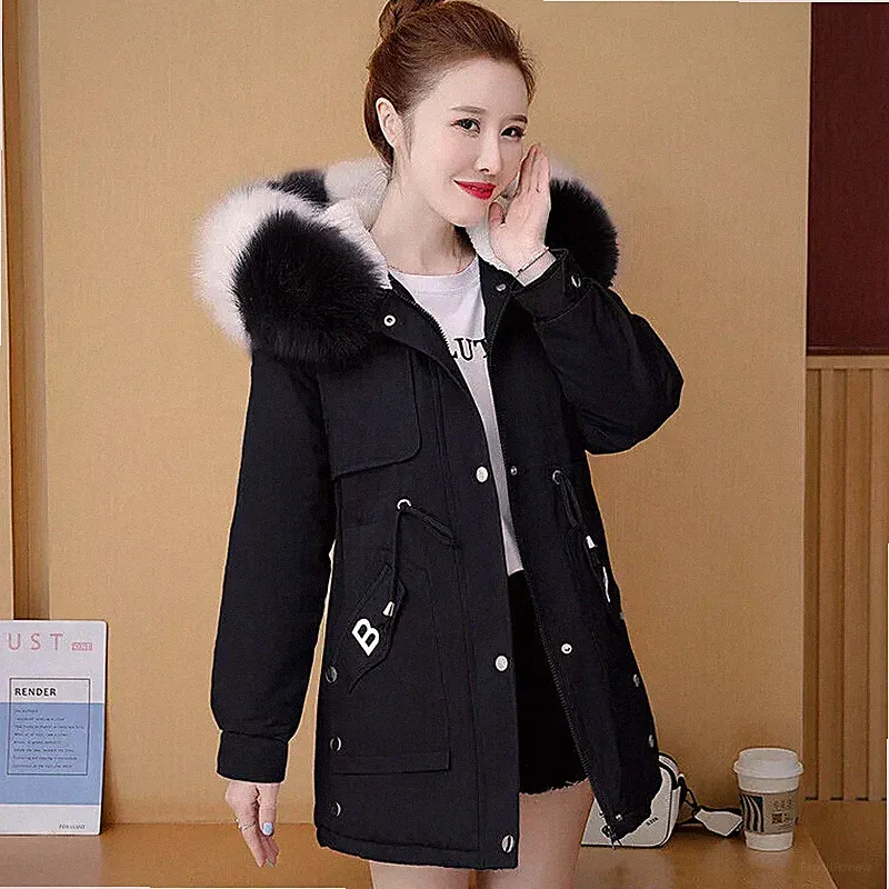 Mantel Daunenjacke Elegante Frau Parka Schwarz Abzugshaube Komfortabel Heiß 1215